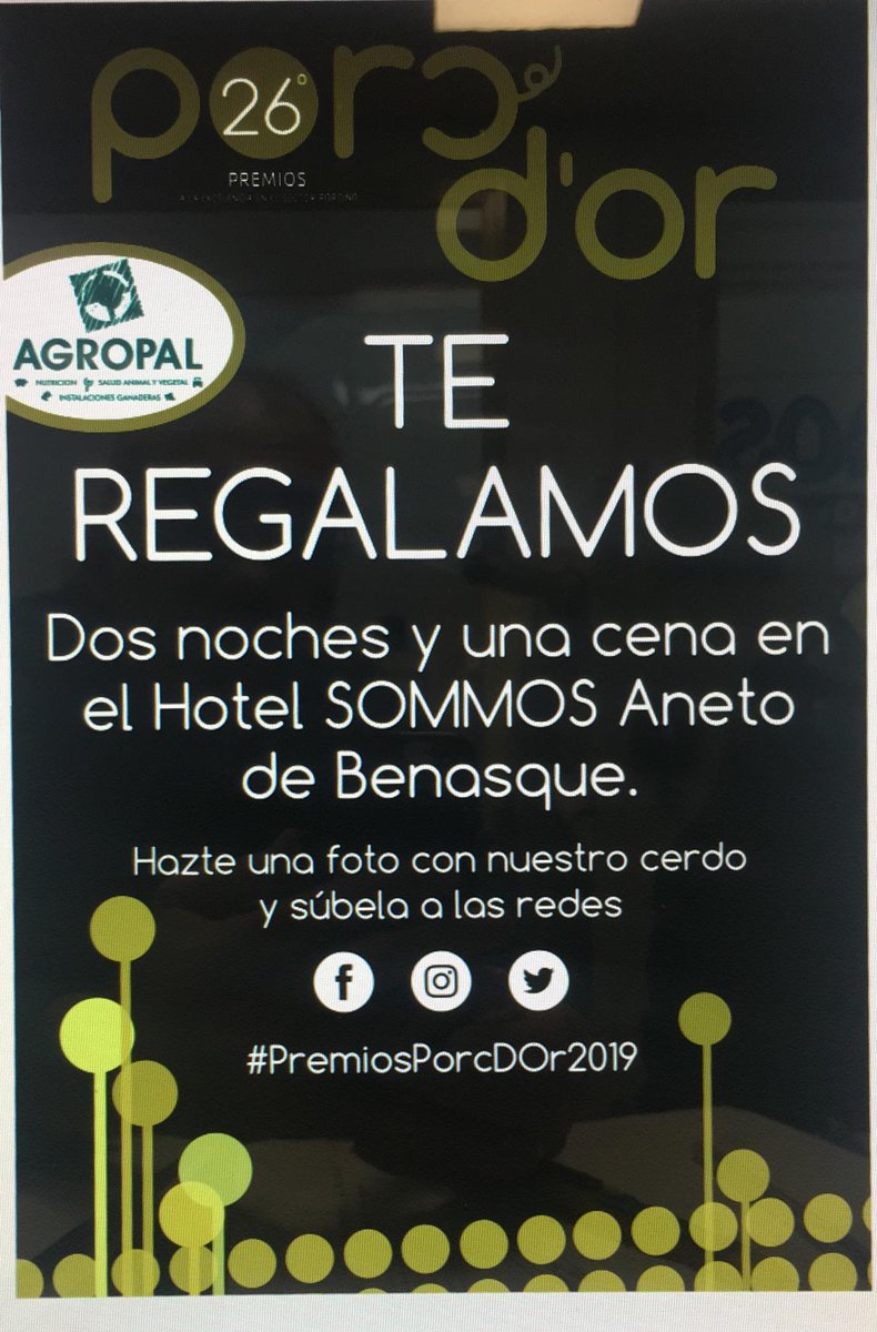 Cuenta atrás para la XXVI edición de los Premios Porc D'or a la excelencia en la producción porcina. 
<a href="/pcongresoshu/">P. Congresos Huesca</a> <a href="/irtacat/">IRTA</a> 
¡Hazte una foto con nuestro cerdo, y súbela a las redes! con el hashtag #PremiosPorcDOr2019
Podrás ser el ganad@r de este regalo de lujo en <a href="/sommoshoteles/">SOMMOS Hoteles</a>