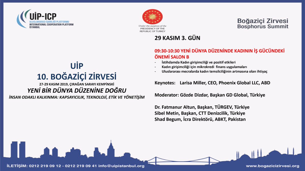 Siyasi, ekonomik ve kültürel birikimler, ulusal çıkarlar ve ortak idealler doğrultusunda global kazanım sağlamayı amaçlayan 10. Boğaziçi Zirvesi’nde, ‘Yeni dünya düzeninde kadının iş gücündeki önemini’ konuşacağız.

📌bogazicizirvesi.org