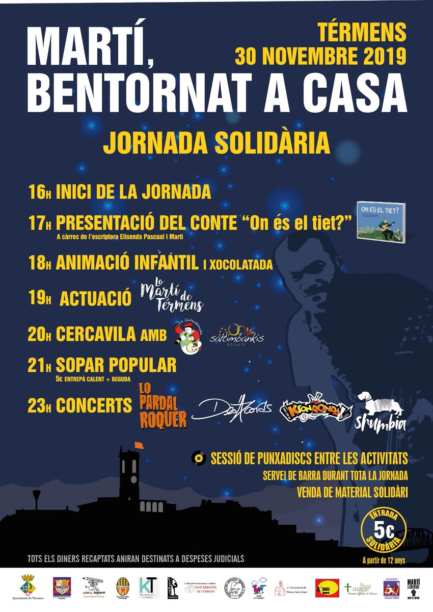 Tornem a penjar el cartell de la JORNADA SOLIDÀRIA del dia 30/11/2019 amb alguns canvis. Per indisponibilitat, cau del cartell la performance JUSTÍCIA i ocuparà la seva hora l'actuació de LO MARTÍ DE TÉRMENS. Així el podran disfrutar petits i grans! Us esperem a tots el dissabte!
