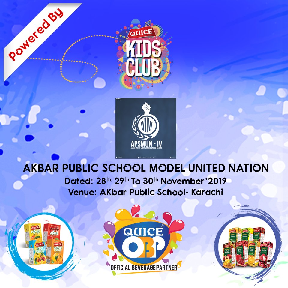 QuiceFood's tweet photo. Quice Upfront with the Vision of Great Nation Great Drink. Proudly Announce to be an Official Beverage Partner of the event "APSMUN-IV Akbar Public School Model United Nations (A debate competition)" organized by &amp; held at Akbar Public School, Karachi. (Dt/: 28th - 30th Nov'19) https://t.co/Vi6o50dBR4