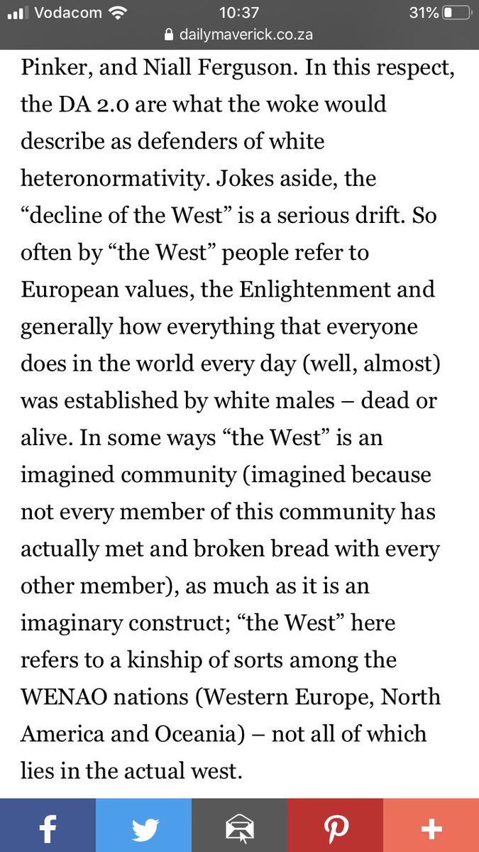 Gwen’s was a next day response to  @ismaillagardien piece in which he argues that DA 2.0 has been “cognitively captured” by the “classical liberals”. Ismail uses the term “white heteronormativity” to explain the DA 2.0 reboot along “west-is-best” lines.