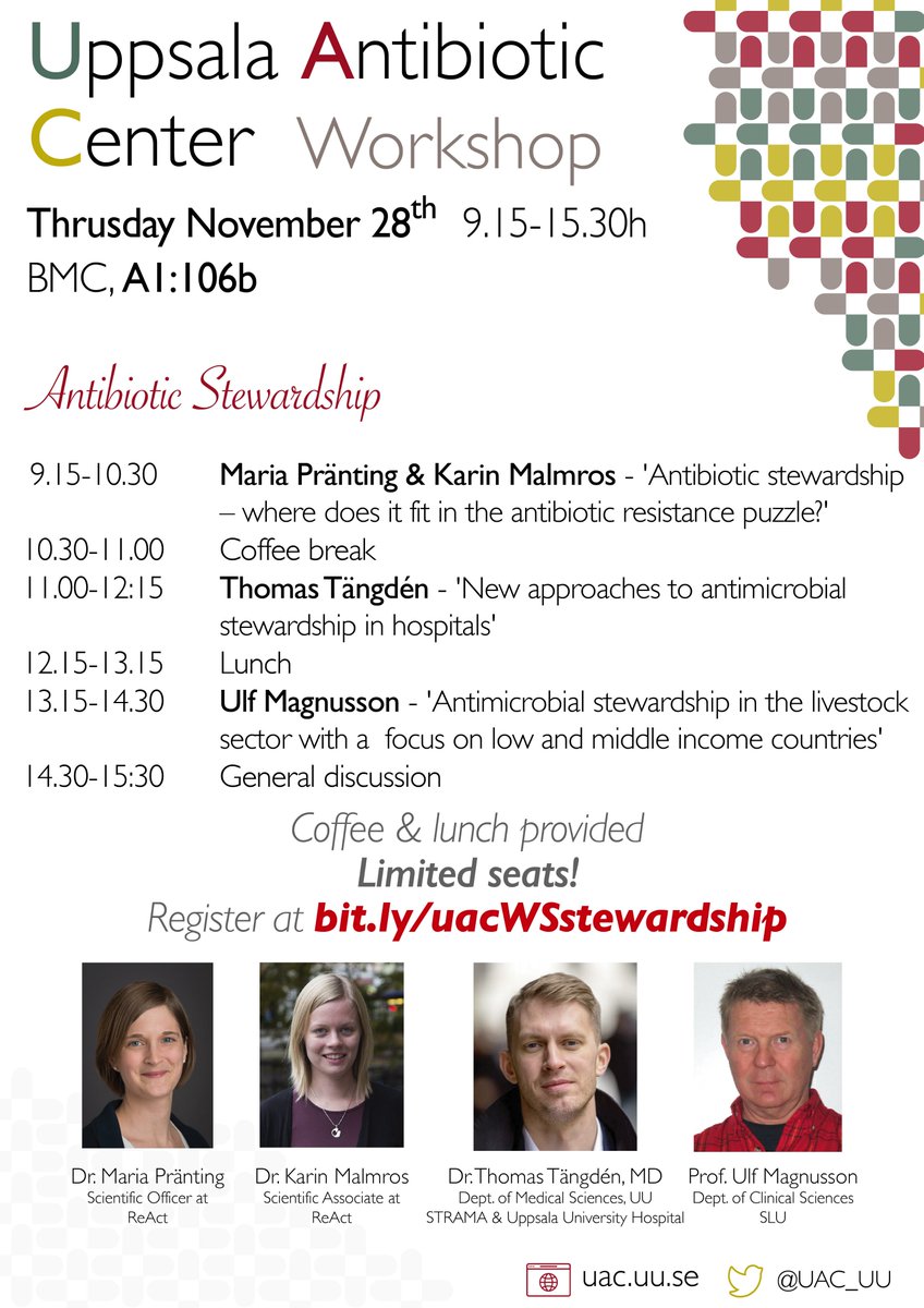 Today at UAC: Workshop on #stewardship, with <a href="/reactgroup/">ReAct - Action on Antibiotic Resistance</a>, <a href="/Stramamotabres/">Strama</a> &amp; @_SLU. What's its role in #antibioticresistance? What are the best practices? How can we evaluate its impact? #OneHealth