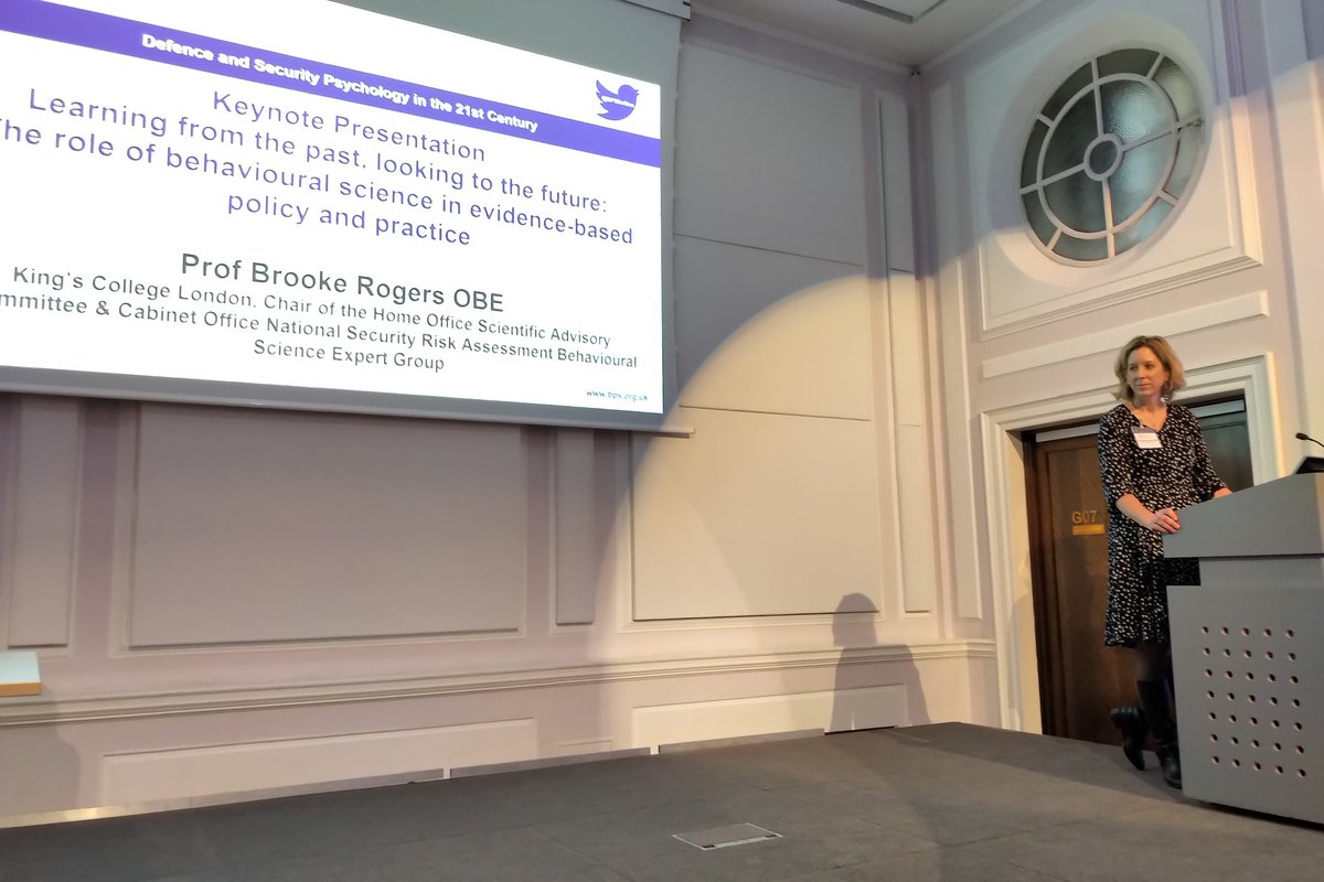 ClinPsychDavid's tweet photo. Fanatastic keynote from @DrBrookeRogers at the @BPSOfficial #bpsdefsec19 conference about involving the public in planning response to major threats &amp; her brilliant work promoting the use of behavioural science in government more generally. https://t.co/pf8mTIMsSk