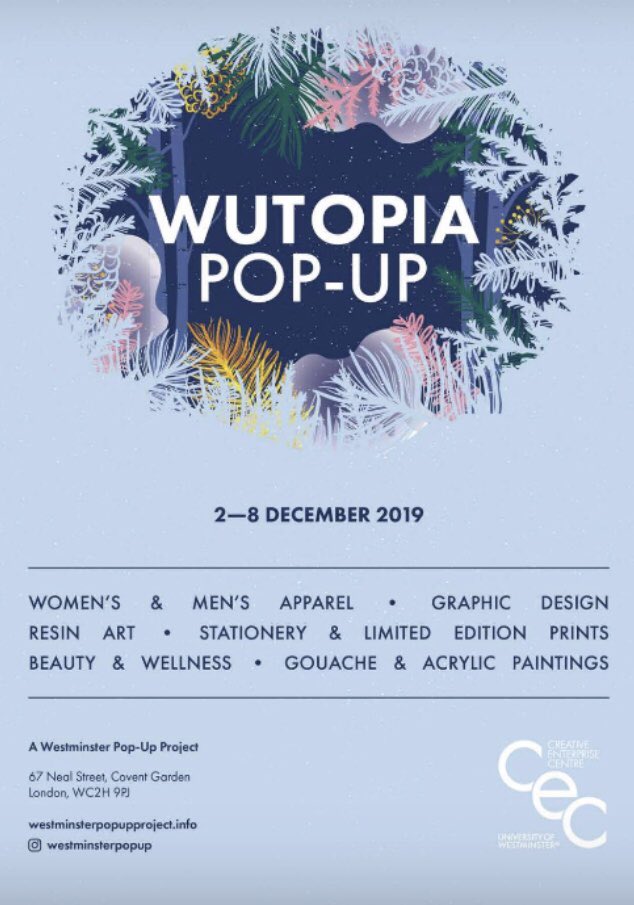 PricklePR's tweet photo. Coming to #nealstreet #sevendials #coventgarden next week - 2-8 December 2019 - the WUTOPIA POP-UP ft 8 creative entrepreneurs championed by @CEC_UoW .
#fashion #art #wellbeing #illustration #menswear #london #londonpopups #PopUpLondon #popupshop 

https://t.co/vY5ic7CGnz https://t.co/Hd6H2fH7nj