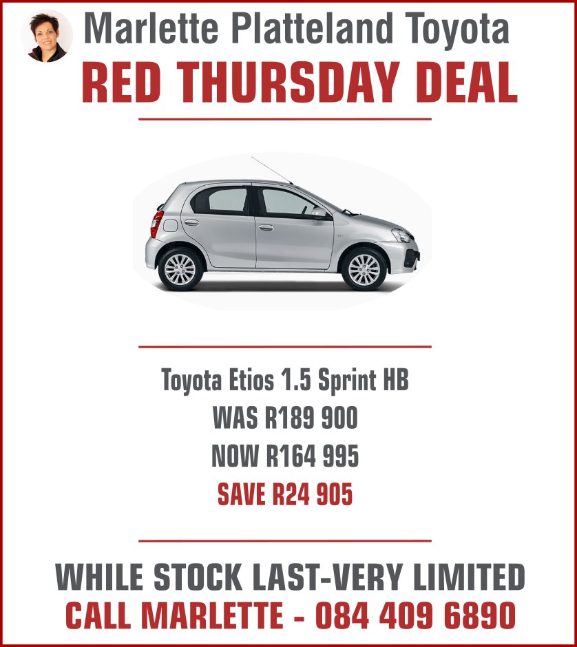 📣Marlette's Red Thursday Deal📣

Save a red-hot R24 905 on this offer!

This offer is only valid while stock last, so call me to secure yours (084 409 6890) - I deliver to anywhere in South Africa...with a smile!

#BlackFriday #BlackFridaySA #Toyota #newcar #lovemyjob