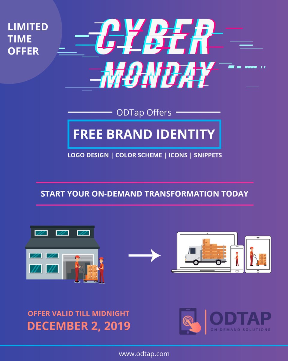 odtapinc's tweet photo. ODTap offers Amazing Black Friday – Cyber Monday Sale 
You can Get "Free Brand Identity" Logo Design, Color Scheme, iCons, and Snippets
Start your On-Demand Transformation Today 
Limited Time Offer 
Valid Till December 2, 2019 
#OnDemand #brandidentity, #appdevelopment https://t.co/956Zkd67h0