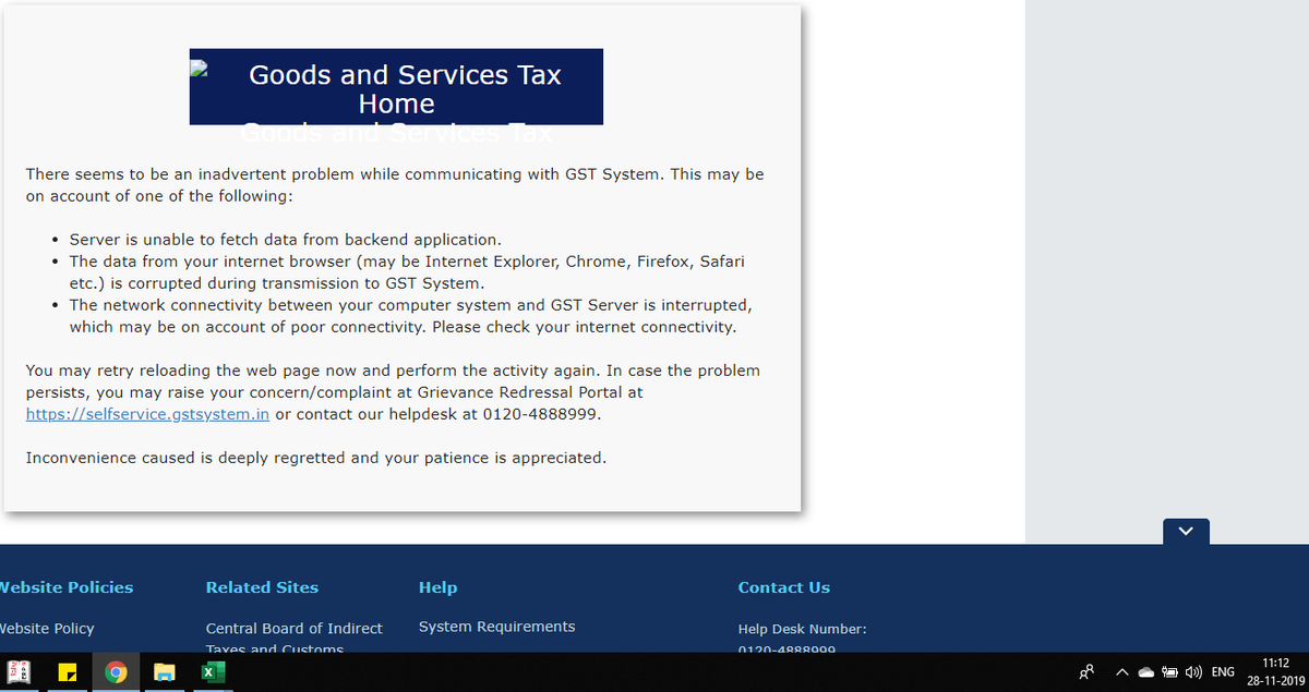 rjrohit2's tweet photo. Current position of GST portal : 'You may retry reloading the web page now and perform the activity again.'
#noeaseofbusiness #novalueoftime
@nsitharaman @narendramodi @FinMinIndia @theicai @dineshwadera @cbic_india @haldiaarpit @caamresh @CAPramodLunawat @CaRANJEET https://t.co/vC9wwOInSj