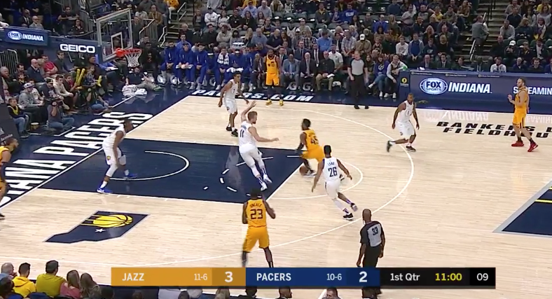 He doesn't even have to have the ball to help Donovan & others. Here, the corner defender is usually the helper, but Brogdon won't come in because leaving Mike is a bad idea.So now Don has Sabonis on an island after the switch, makes a layup.