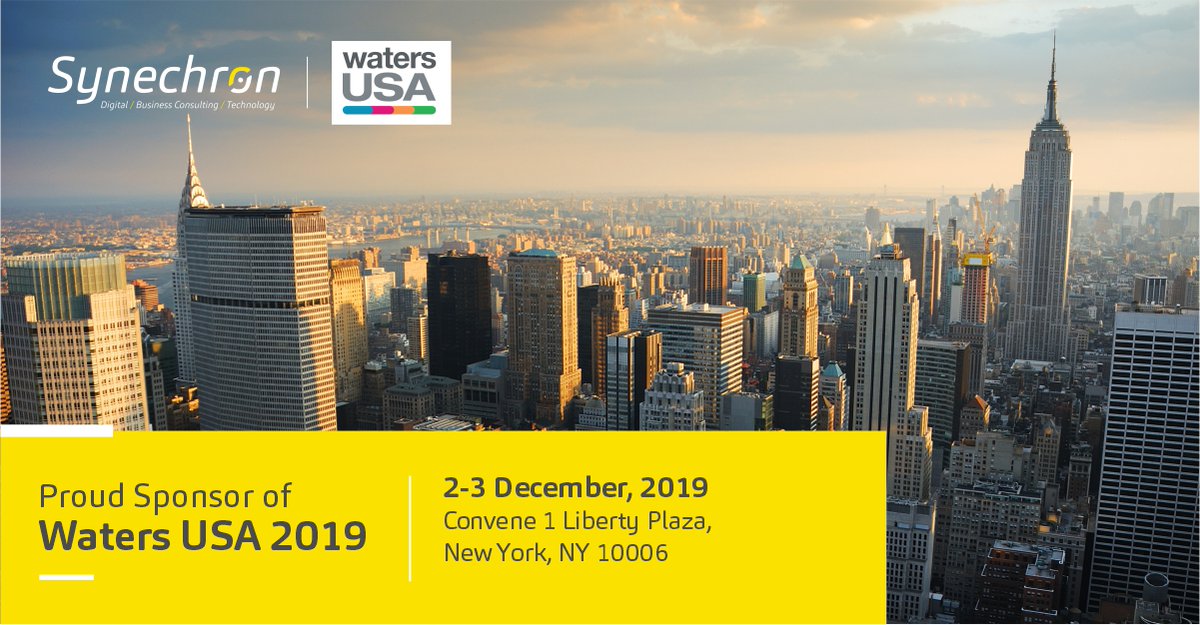 Synechron's tweet photo. Meet us at #WatersUSA next week! The Synechron team will be demoing our AI Data Science accelerators at our booth, so come check them out and learn how #Synechron can help you achieve your #digital transformation! Learn more here: https://t.co/mACBErsnk4 #watersusa https://t.co/aAbLBXLRpf