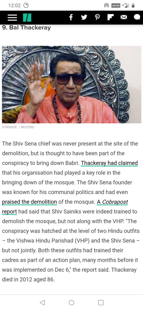 And as a reminder that the modern  #ShivSena is true to its roots, here's Balasaheb's views on the demolition of the Babri Masjid.  https://www.huffingtonpost.in/2018/12/05/babri-demolition-from-lk-advani-to-bal-thackeray-here-are-the-key-players_a_23607892/