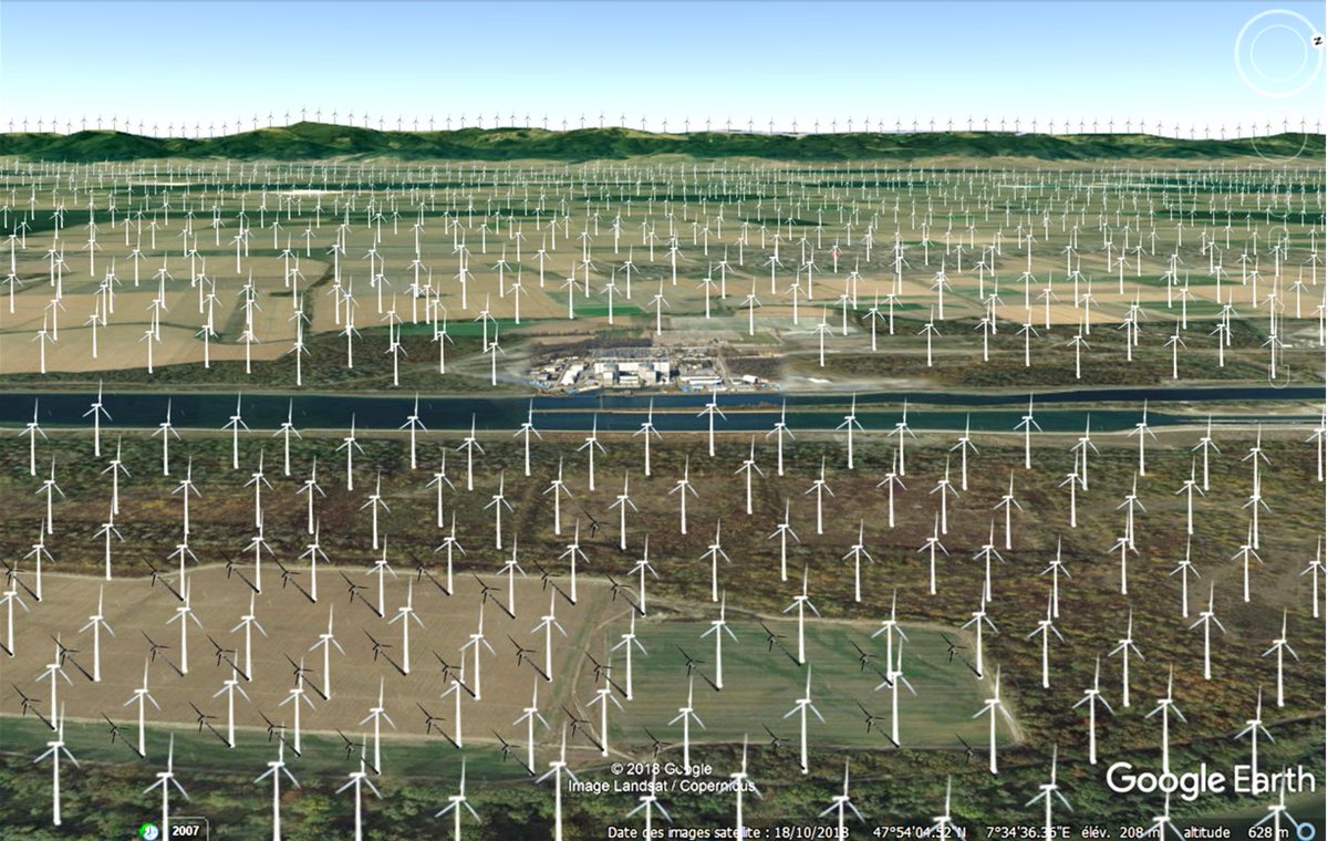 Au milieu de cette image, la centrale nucléaire de  #Fessenheim.Tout autour, 850 éoliennes.Ça fait beaucoup ?Et pourtant, c’est juste le quart de ce qu’il faudrait pour produire autant d’électricité que la centrale.Explications en  #thread 