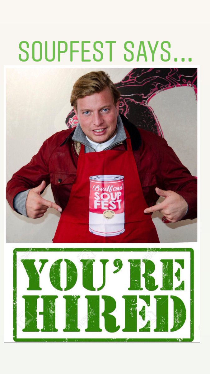 SoupFestBeds's tweet photo. @Lord_Sugar says ‘fired’ but @SoupFestBeds says ‘hired’ - come and see @iamtomskinner of @bbcapprentice in #Bedford at #SoupFestBeds Tuesday 3rd December 11.30-3.30. Harpur Square. Helping raise funds for our homeless. #charity #homelessnessawarenessweek #fundraising https://t.co/giwD2XJKyP