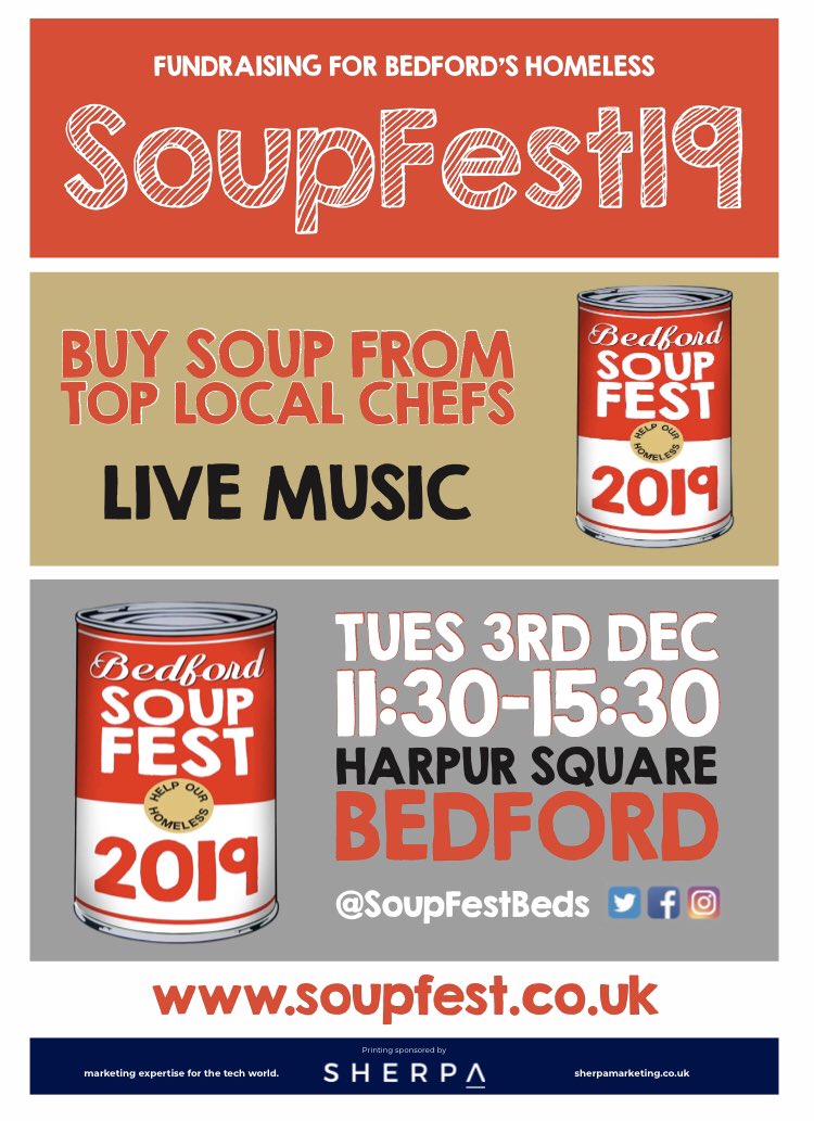 SoupFestBeds's tweet photo. @Lord_Sugar says ‘fired’ but @SoupFestBeds says ‘hired’ - come and see @iamtomskinner of @bbcapprentice in #Bedford at #SoupFestBeds Tuesday 3rd December 11.30-3.30. Harpur Square. Helping raise funds for our homeless. #charity #homelessnessawarenessweek #fundraising https://t.co/giwD2XJKyP