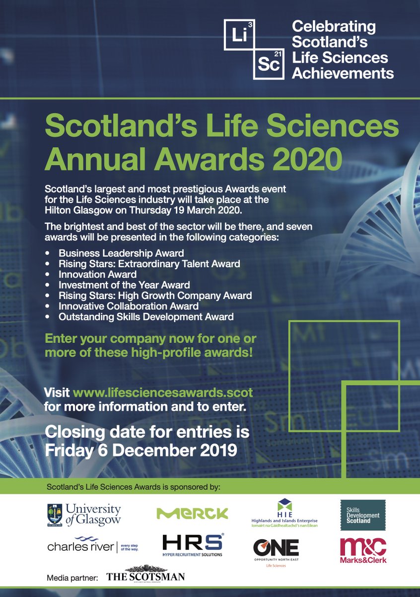 ScotLifeScience's tweet photo. Can you help spread the word? Closing date for @ScotLifeScience Awards is 6 Dec: @ConvergeC @EdinburghBQ @MidlothScience @NHSResearchScot please RT! Closing date 6 Dec - more info and online entry to https://t.co/i6kQwwtaVE https://t.co/Fh0GsiC4bA