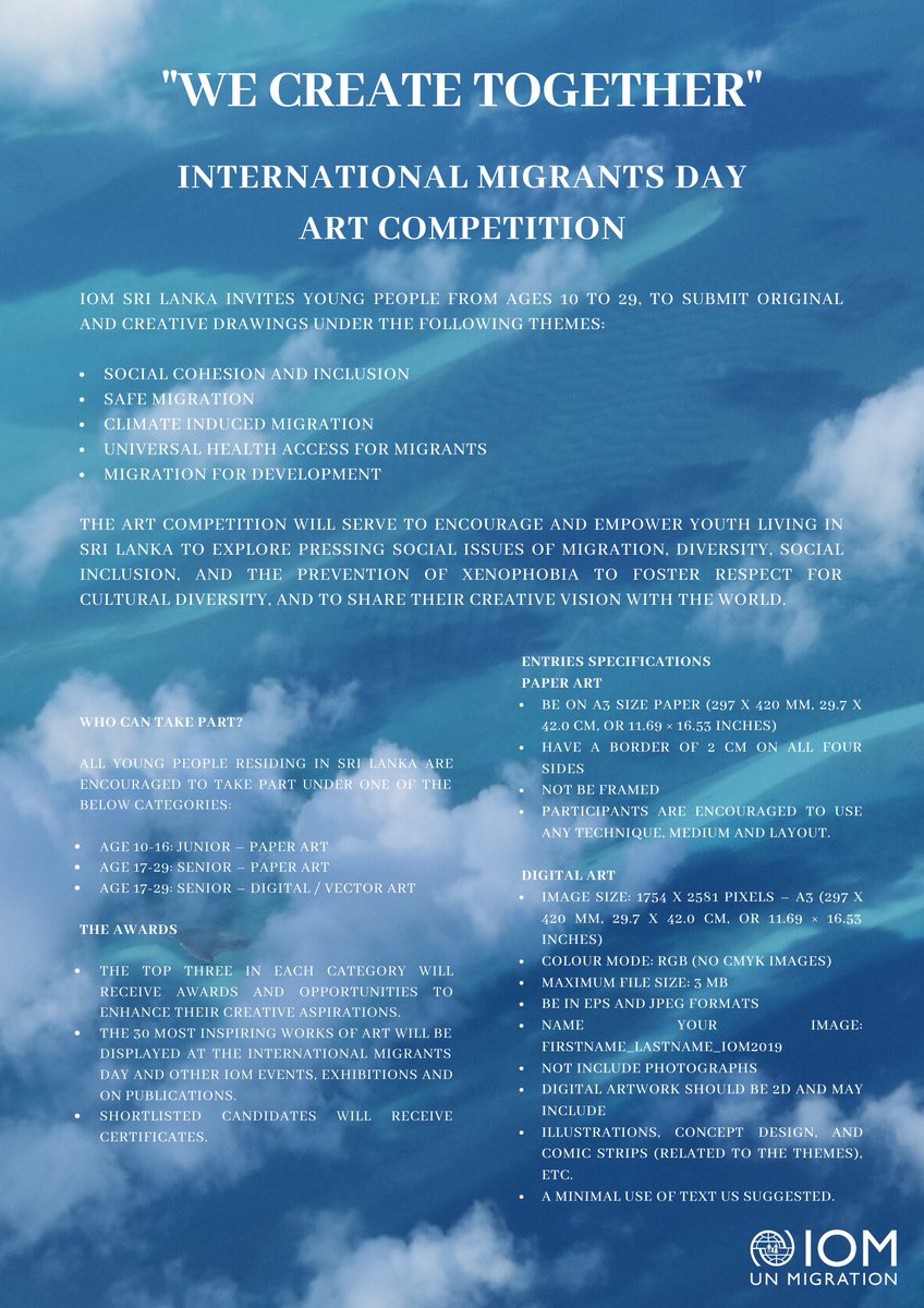 IOMSLandMV's tweet photo. "We Create Together" - International Migrants Day Art Competition!
DEADLINE: 09th December, 2019.
For further details on how to take part and Terms & Conditions, please visit:
➡️ https://t.co/kbxYs0QsS7
#WeCreateTogether #MigrantsDay https://t.co/F8IdmimJb3