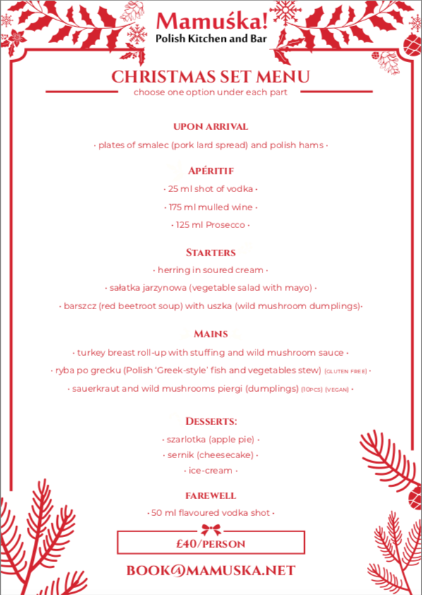 LeakeStArches's tweet photo. Sparkling prosecco, ice-cold vodka, delicious uszka and hot beetroot bortsh soup make up the first part of the @mamuska_net Christmas menu.

Book a table at the Polish 🇵🇱 Kitchen and Bar in #LeakeStreetArches for your festive 🎄 celebration this year.

https://t.co/BV9gn7s1aI https://t.co/y6fkiOwawc
