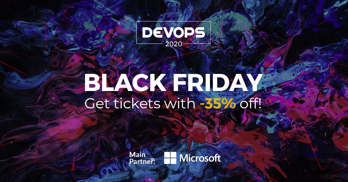 Eficode's tweet image. The Black Friday sale for DEVOPS 2020 tickets kicks off tomorrow ⏰! Secure a 35% discount in addition to the Early Bird rate and let your team know! This discount is only available from Friday 29 November - Monday 2 December. hubs.ly/H0m0gqH0 #devops2020 #devopsconference