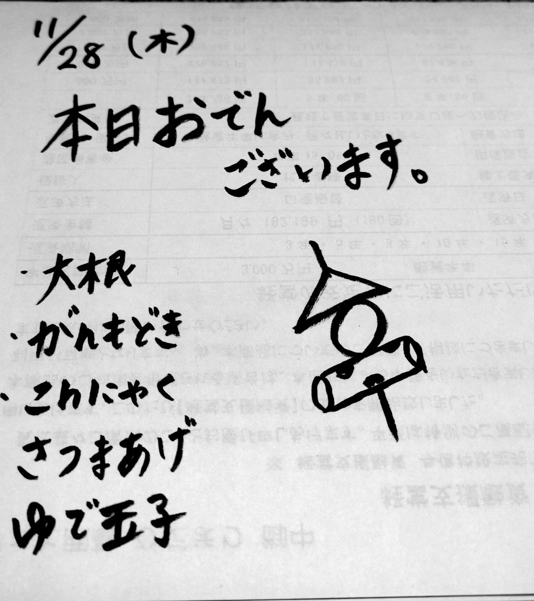 カフェと囲碁 ひだまり 公式 En Twitter お品書き 企業手書きツイート会 手書きツイート おでん メニュー 冬はおでん