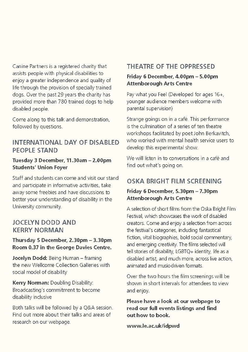 UniOfLeics_EDI's tweet photo. We are happy to share our events for International Day of Disabled People which takes place on the 3rd December in collaboration with @LeicesterUnion and @AttenboroughAC.
Starting with organised events taking place from the 30th November at the Attenborough Arts Centre.
#IDoPD https://t.co/S1nSDslSMd