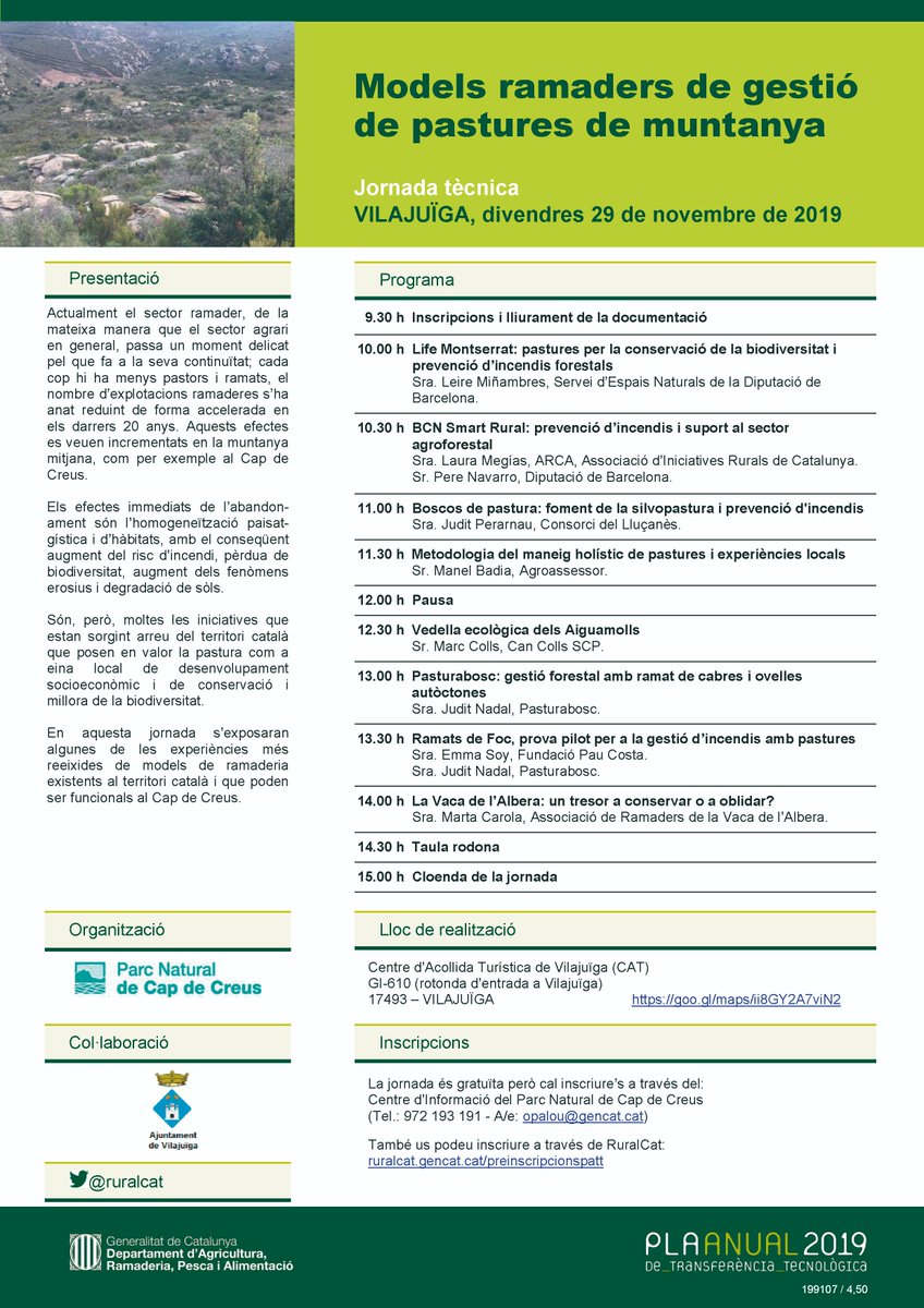 arcaruralcat's tweet image. [JORNADA] I demà us esperem a la jornada #PATT2019 "Models ramaders de gestió de pastures de muntanya🐐".
➡️#LauraMegías explicarà les actuacions de suport al sector agroforestal i de prevenció d'incendis del projecte #BCNSmartRural.  
📍 Vilajuïga
🔗 bit.ly/2qRWP4X