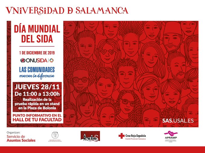 #28DeNoviembre | El Servicio de Asuntos Sociales de la Universidad de Salamanca realiza una campaña de prevención y concienciación con motivo del 31º aniversario del #DíaMundialDelSIDA. <a href="/sas_usal/">Servicio de Asuntos Sociales USAL</a> <a href="/AsefSalamanca/">Asociación Salmantina de Estudiantes de Farmacia</a> <a href="/AjiamsU/">Ajiams_USal</a> <a href="/APRAMP/">APRAMP</a> @CREsalamanca  
➡️ ow.ly/SPlU50xmO0F