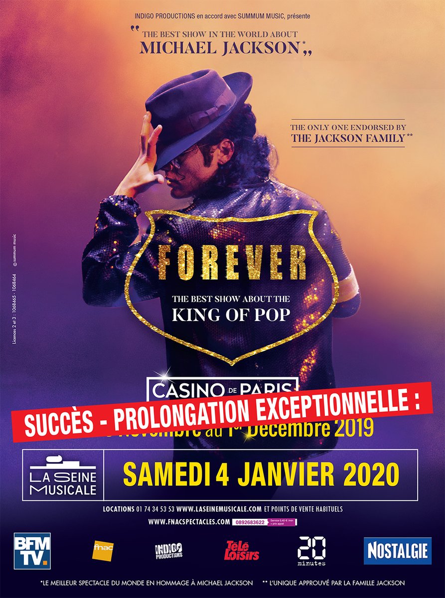 Forever, the best show about the King of Pop, débarque à Paris ! A voir au Casino de Paris  du 28/11 au 1/12, puis en tournée, avec une date supplémentaire le 04/01/2020 à la Seine Musicale ! <a href="/IndigoProduct/">Indigo Productions</a>  <a href="/casinodeparis/">shoichi kajino</a>
