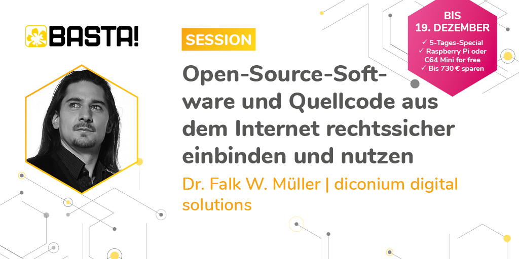 BASTAcon's tweet image. Gibt es heute noch Projekte, die ohne Open-Source-Software auskommen? Dr. Falk W. Müller geht in seiner #BASTAcon Session auf rechtliche & technische Hintergründe bei der Implementierung von #Quellcode und #Software aus dem Internet ein: ow.ly/Gu6T30pWSzF