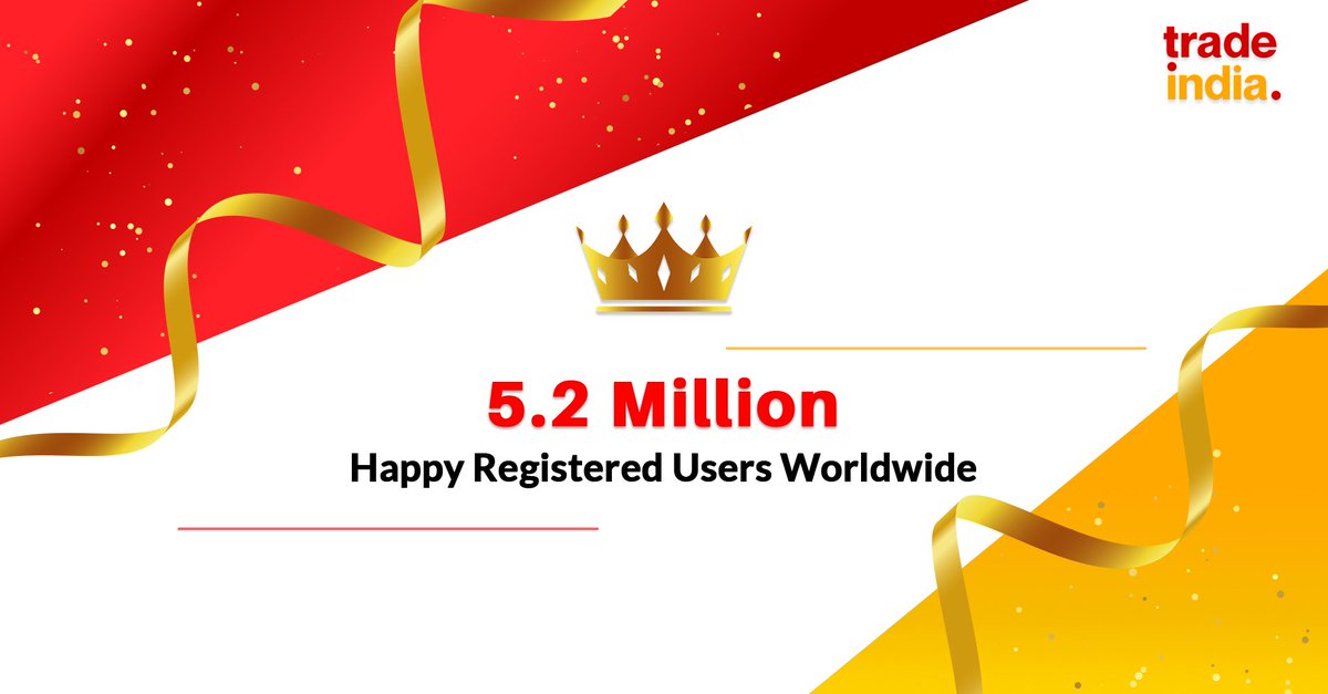 tradeindia's tweet photo. We are delighted to announce that we have made it to 5.2 million happy registered users worldwide. Special thanks to everyone who has walked the journey with us! โบ
#Achievement #Tradeindia #InseHainHum #AbhiNahiTohKabhiNhi #KarnaHaiTohKarnaHai https://t.co/FLhwI2qWlm