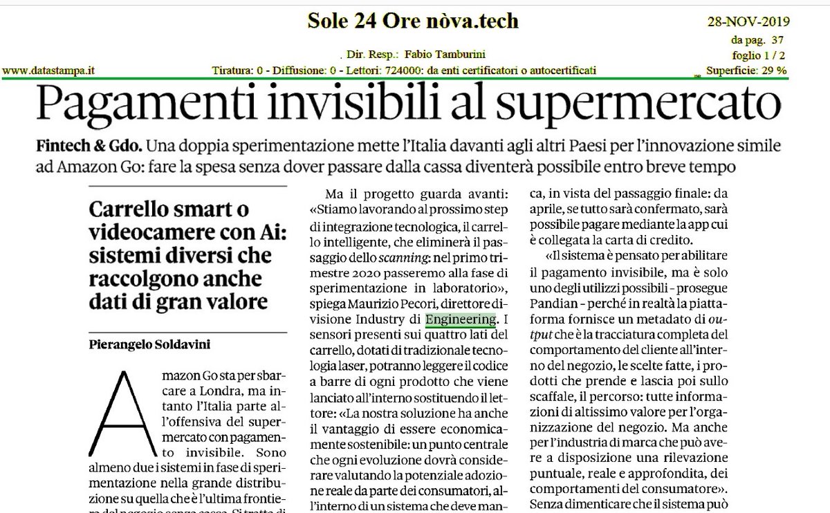 EngineeringSpa's tweet photo. Oltre il #codiceabarre. Con #EngineeringSpa in Sardegna la spesa si paga con lo #smartphone. Ma è solo l’inizio. @MaurizioPecori a @Nova24Tec: “Lavoriamo a un carrello intelligente, che eliminerà lo scanning con l'idea di realizzare etichette invisibili”. https://t.co/WOjup8fA4S https://t.co/CAozX5xggp