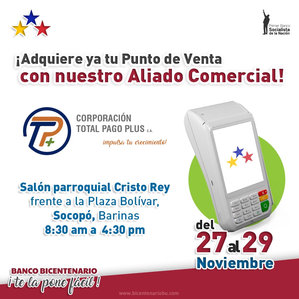BDT_VE's tweet photo. #ATENCIÓN|| Amigo productor y empresario del estado #Barinas, con nuestro aliado comercial Corporación #TotalPagoPlus llevamos a cabo una jornada especial de adquisición de Puntos de Venta, no pierdas la oportunidad de expandir tu negocio.
#BicentenarioTeLaPoneFácil https://t.co/du64S1xW3R
