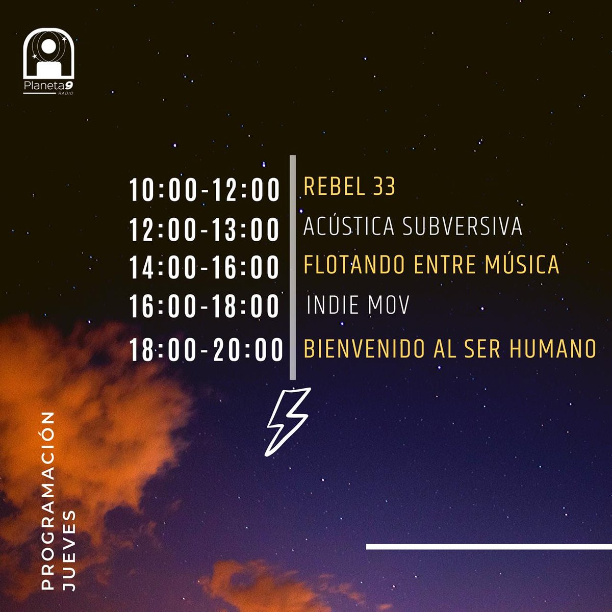 Planeta9radio's tweet photo. ¡#FelizJueves #Niners! HOY en #P9R: @rebel33radio1 + @AcusticaSub + @MusicaFlotando + @indiemovradio + @BienvenidoSer 🚀☄ https://t.co/RxSM7ygARe
