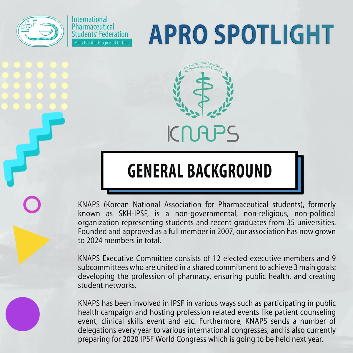 IPSFAPRO's tweet photo. [IPSF APRO Spotlight-Member Organisations Branding // Introduction of KNAPS, Republic of Korea] 

KNAPS is a non-governmental, non-religious, non-political organization representing students and recent graduates from 35 universities.

#APROSPOTLIGHT
#KNAPSKorea 
#IPSFAPRO https://t.co/pSiAiLKqkF