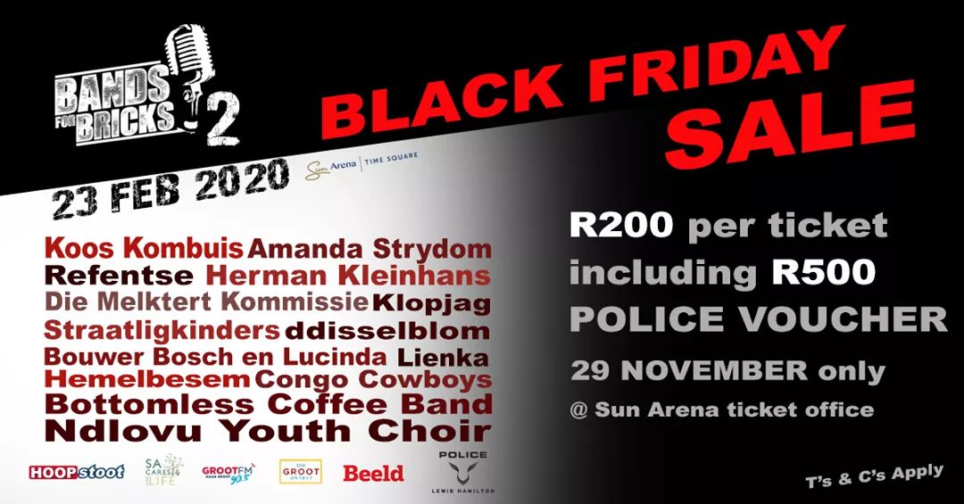 bandsforbricks's tweet photo. Can you feel the #BlackFriday excitement!🤗
For ONE DAY ONLY, get your #Bands4Bricks2 ticket for only R200... and STILL get the R500 @PoliceEyewear voucher with it! 

Tickets are available at the Sun Arena box office on 29 November, and iTickets: https://t.co/psldpJXOzT https://t.co/z7AchGbkfi