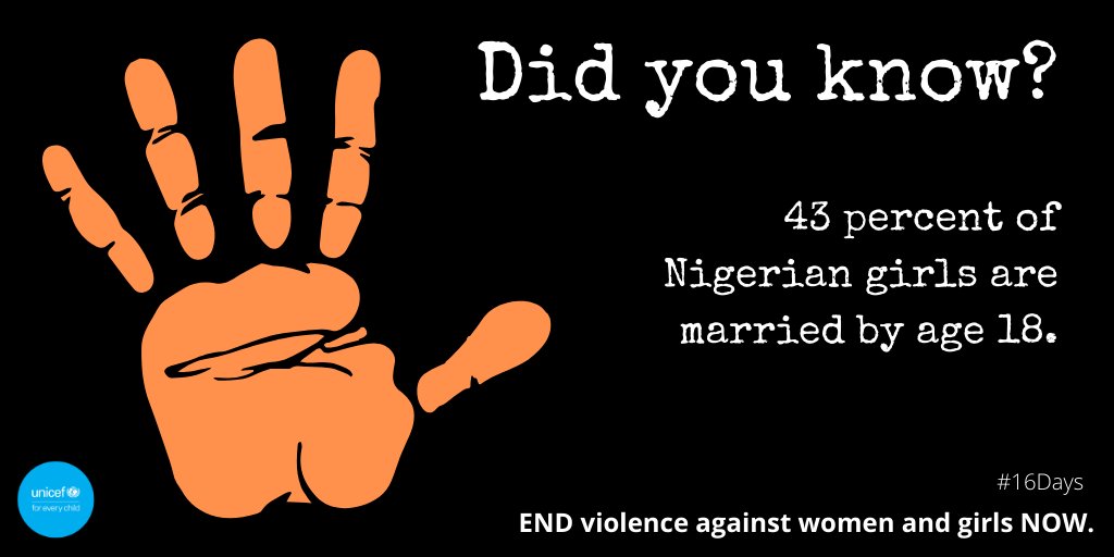 UNICEF_Nigeria's tweet photo. #DYK? 43 percent of Nigerian girls are married by age 18.

Child marriage threatens the well-being and future of girls around the world. 

#16Days #ENDviolence https://t.co/NxZg7T0Xpa