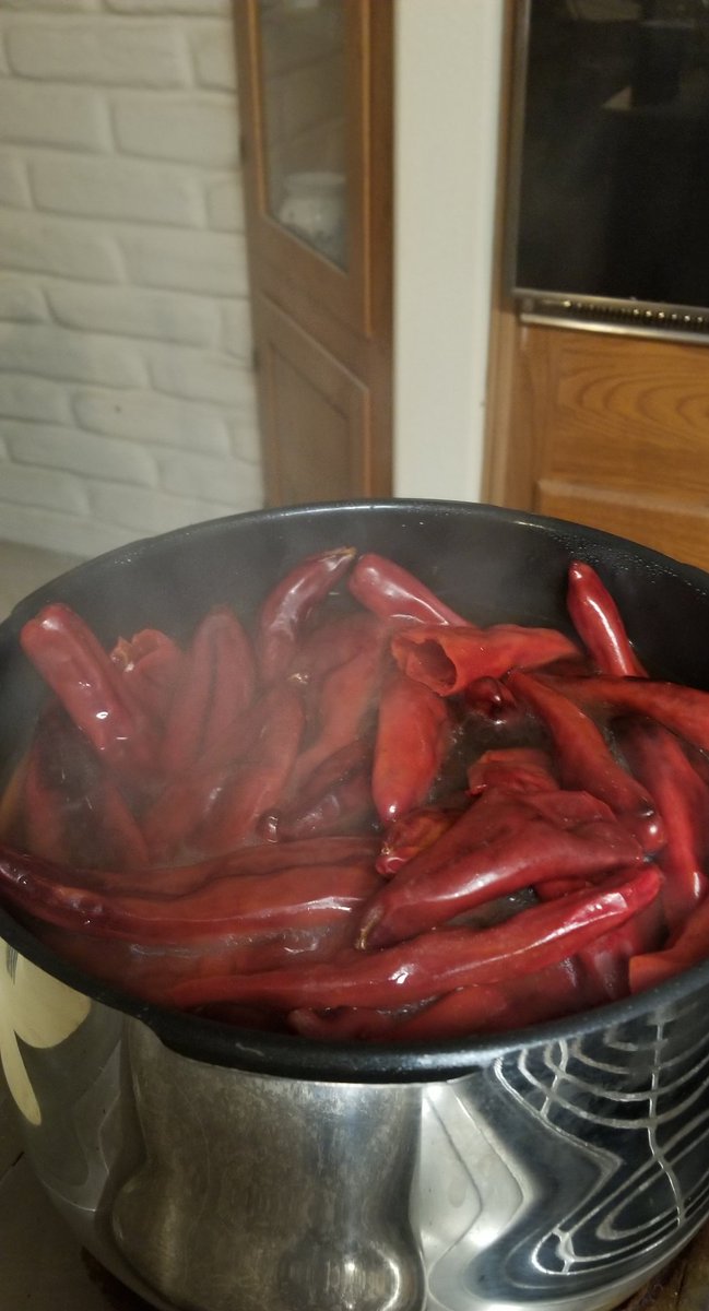 Next put chile pods in a pot with water, bring to a boil and simmer for 30 minutes. Smash down the pods with a spoon every 5 minutes so they stay under water