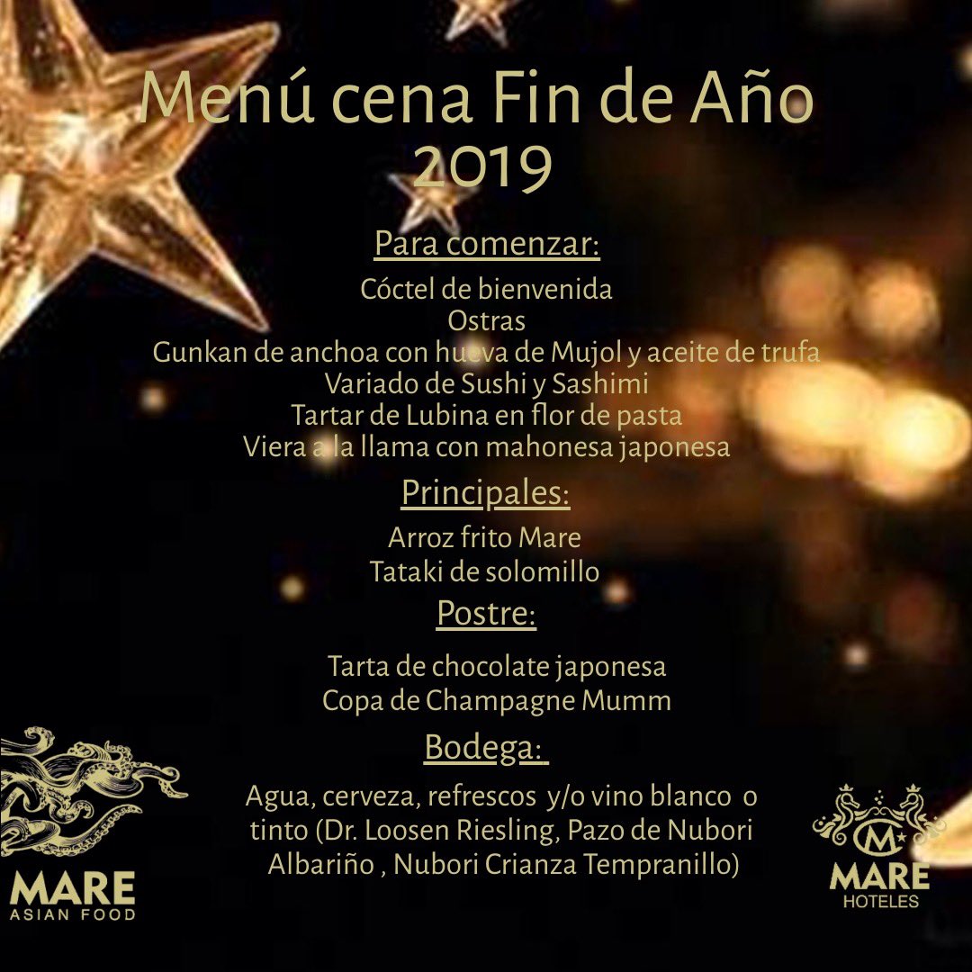 Celebra con nosotros Fin de Año en una "Cena Especial" 🤩😋🥂🎇✨🎉
En #MARE lo tenemos todo preparado para darle la bienvenida al nuevo año de la mejor manera posible👌🙌
No te quedes sin tu reserva!!!!
Info &amp; reservas ➡️955130888
.
.
.
#mare #marehoteles #mareasianfood #navidad