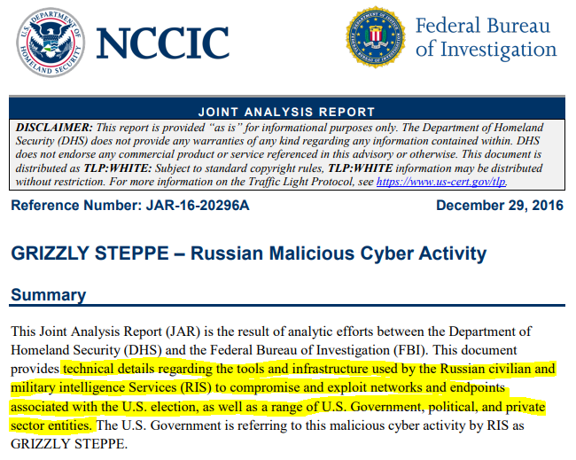 Russia - What the Experts SayDecember 29, 2016Joint Analysis Report (JAR)GRIZZLY STEPPE – Russian Malicious Cyber Activity https://www.us-cert.gov/sites/default/files/publications/JAR_16-20296A_GRIZZLY%20STEPPE-2016-1229.pdf