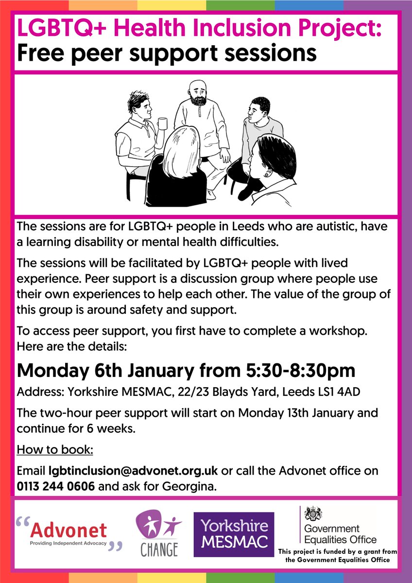 LeedsLgbtq's tweet photo. Our #PeerSupport sessions for #LGBTQ people in #Leeds are now starting on Monday 6th January! Here's our latest news post with more info: https://t.co/vqhILJWGkE; to book, please email us at lgbtinclusion@advonet.org.uk 🏳️‍🌈🏳️‍⚧️ @yorkshiremesmac @changepeople_ https://t.co/jptozunnPd