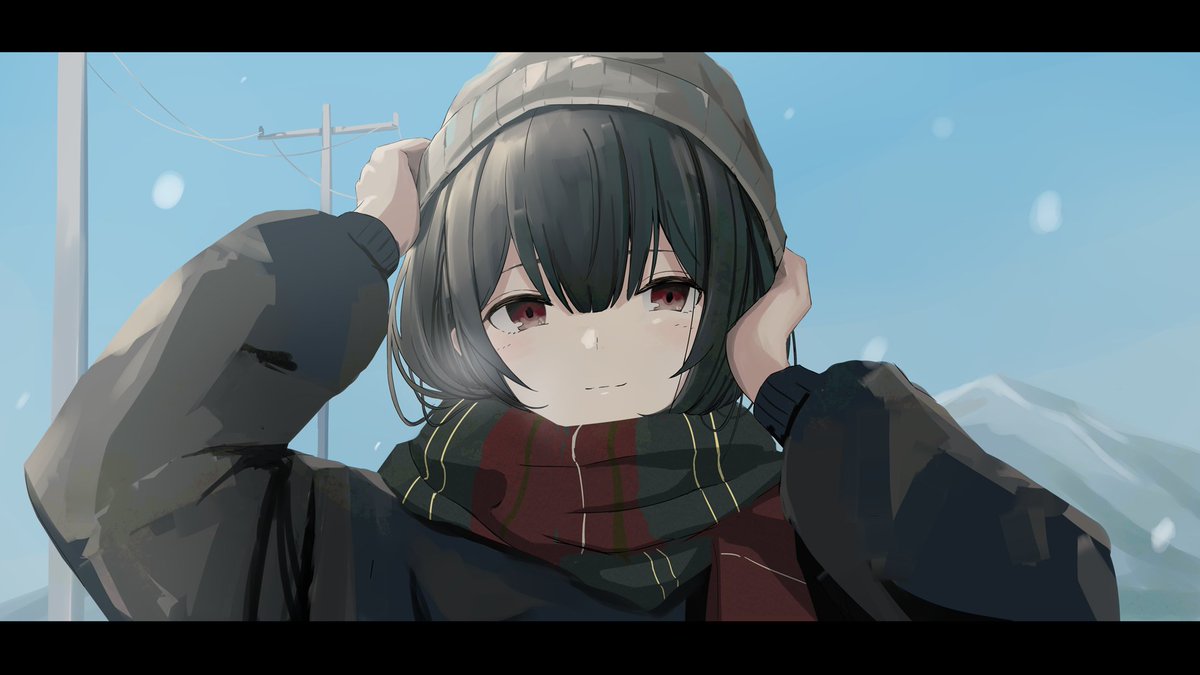 morino rinze 1girl solo letterboxed scarf beanie outdoors hat  illustration images