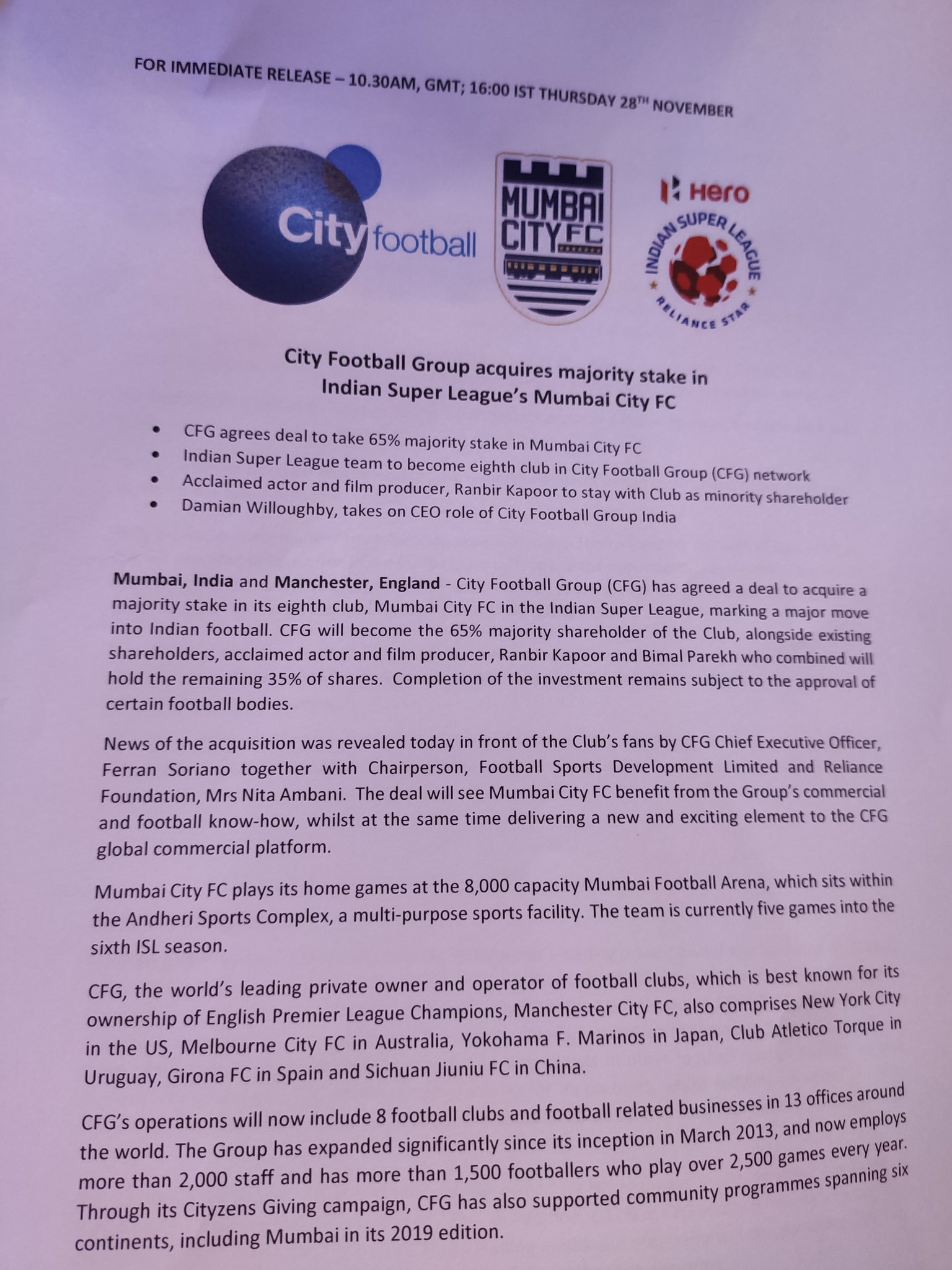 The Field Just In It S Official Mancity S Owners City Football Group Have Acquired A 65 Majority Stake In Indsuperleague Franchise Mumbaicityfc T Co Jdqbyocdba Twitter