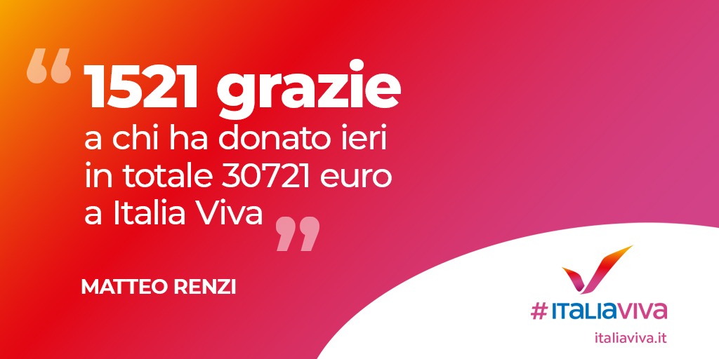 ItaliaViva's tweet photo. "Grazie ai 1.500 italiani che ci hanno mandato oltre 30mila € in piccoli contributi per sostenerci dal basso ora che non abbiamo più finanziamento né pubblico, né privato. Una reazione inattesa e bellissima! Chi si vuole unire può farlo su https://t.co/db6cPvOv42".
@matteorenzi https://t.co/WNWGUGan8L