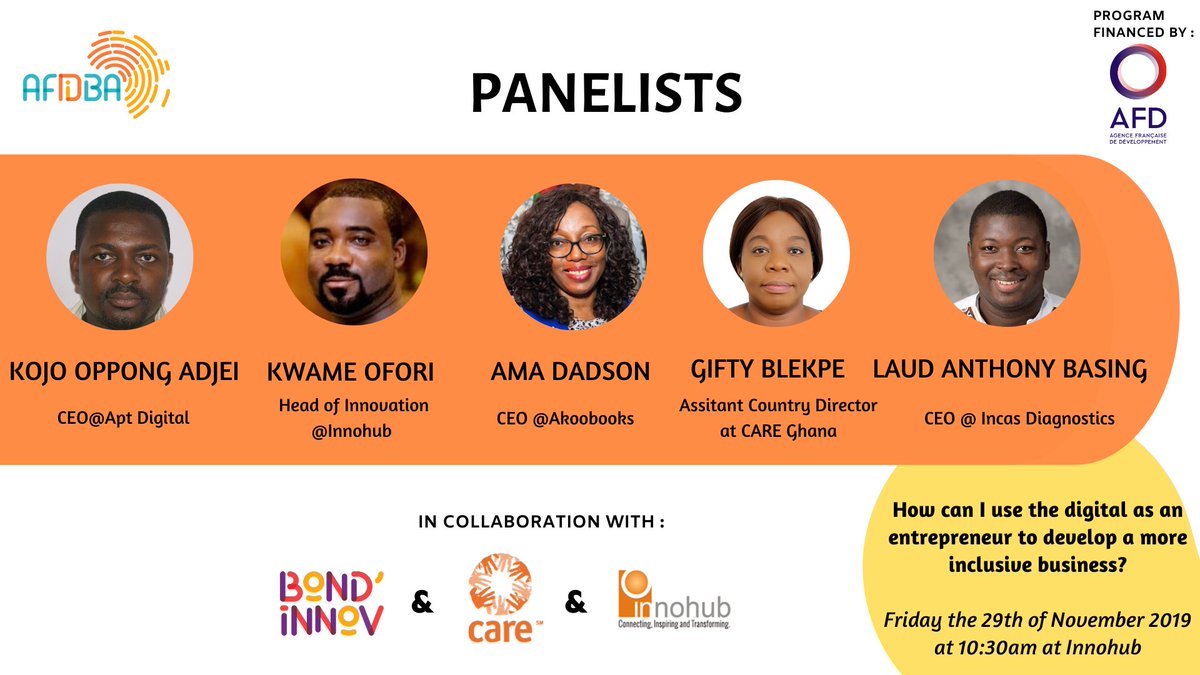 Afidba_GH's tweet photo. #AFIDBA2019 #GHANA
It's tomorrow💃💃🤑
#Join us as we discuss and learn more about how to develop an #inclusive business using #digital tools.
Time: 10:30 am
Venue: Accra Digital Center
Don't miss out!!!
@AFD_en @AFIDBA_ @PositivePlanet_ @CARE @Bondinnov @startupconcree https://t.co/6lwsDoCzlY
