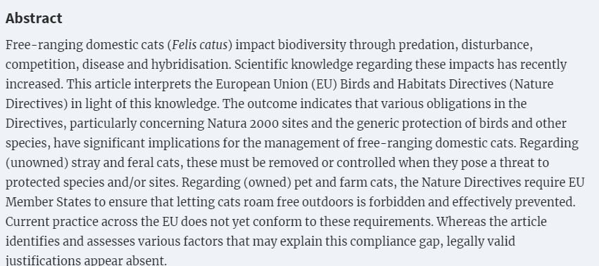 Arie_Trouwborst's tweet photo. Domestic cats (Felis catus) and European nature conservation law—applying the EU Birds and Habitats Directives to a significant but neglected threat to wildlife

Out now, open access:
https://t.co/YgdOEjBYxp https://t.co/qUJJqL7Nt7