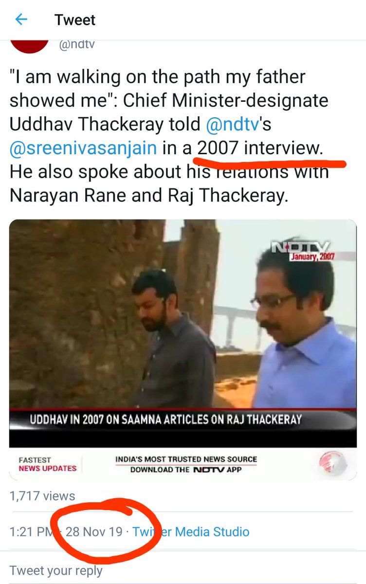 7) The final piece in the puzzle Why did  @ndtv re-upload a 2007 interview with  @OfficeofUT today? Watch the words  "I am walking on the path my father showed me".At that time, it'd mean  #ShivSena's Hindutva stance. But now what does it indicate? https://twitter.com/ndtv/status/1199959088421052416?s=19
