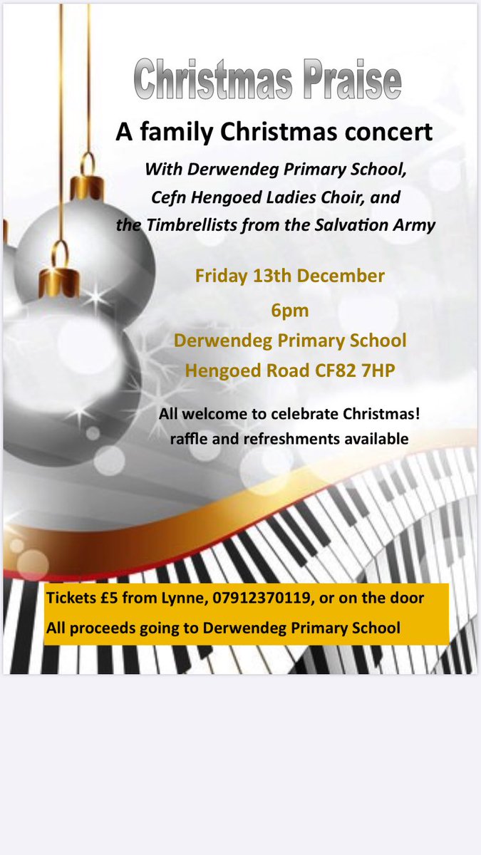 We’re looking forward to supporting Derwendeg Primary School on Hengoed Road with an evening of Christmas cheer for all the family on Friday 13th Dec at 6pm. Tickets are £5 from Lynne (07912370119) or on the door. Raffle and refreshments available. All proceeds go to the school.