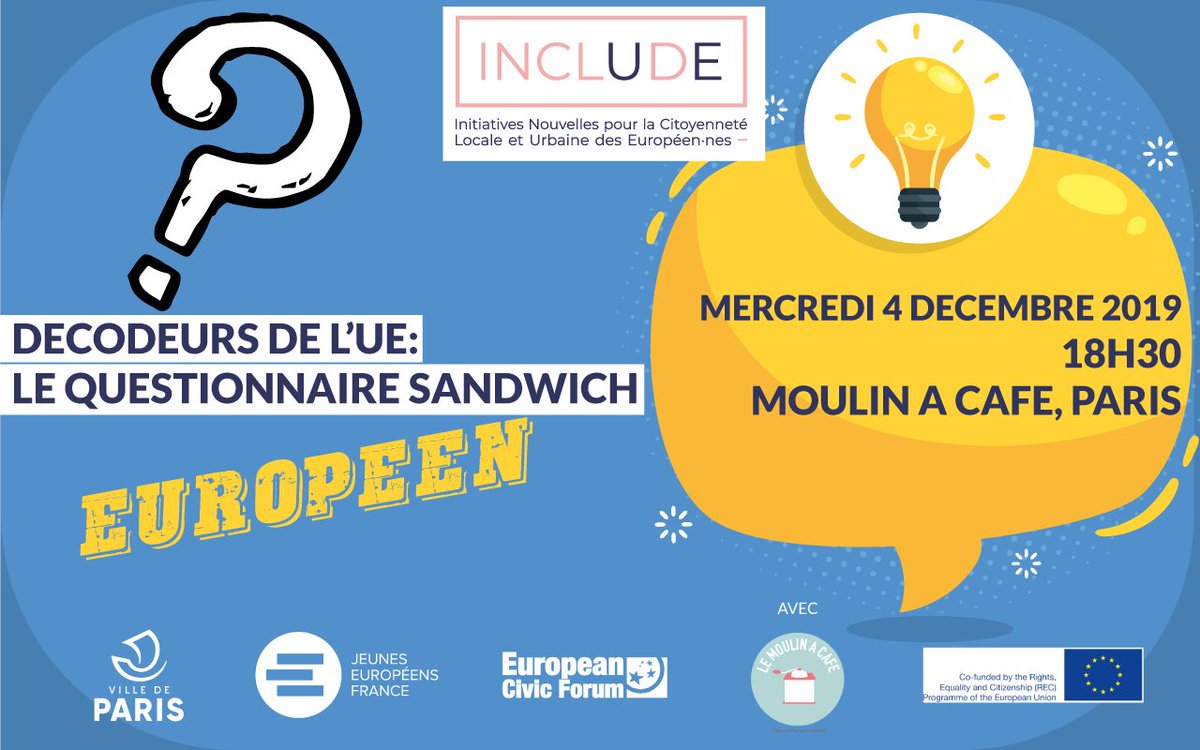 [MERCREDI 4.12 - 18h30]
Venez découvrir l'Europe en vous amusant au <a href="/moulinacafe/">Le Moulin à café</a> pour la 3ème édition du Questionnaire sandwich européen ! Info ou intox ? Contre la montre ? Mort subite ? A vous de choisir !
Des🎁 sont à gagner !
Infos : facebook.com/events/5959326…