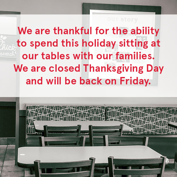 ResearchCFA's tweet image. Happy Thanksgiving from our families to yours. We will be closed on Thanksgiving Day, but look forward to serving you on Friday. 
#ChickfilAResearchTriangle #HappyThanksgiving #Thankful #ChickfilAFamily #chickfila
