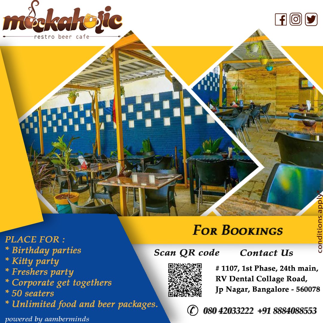 Mockaholic1's tweet photo. Looking for comfy place to celebrate your birthday | Get together | kitty party place ?
.
.
.
.
.
.
.
.
We will fulfill your celebration requirements as we located at JP nagar one of the best place in south Bangalore.

#mockaholic #celebration #jpnagar #jayanagar #banashankari https://t.co/oWTNCKKbHx