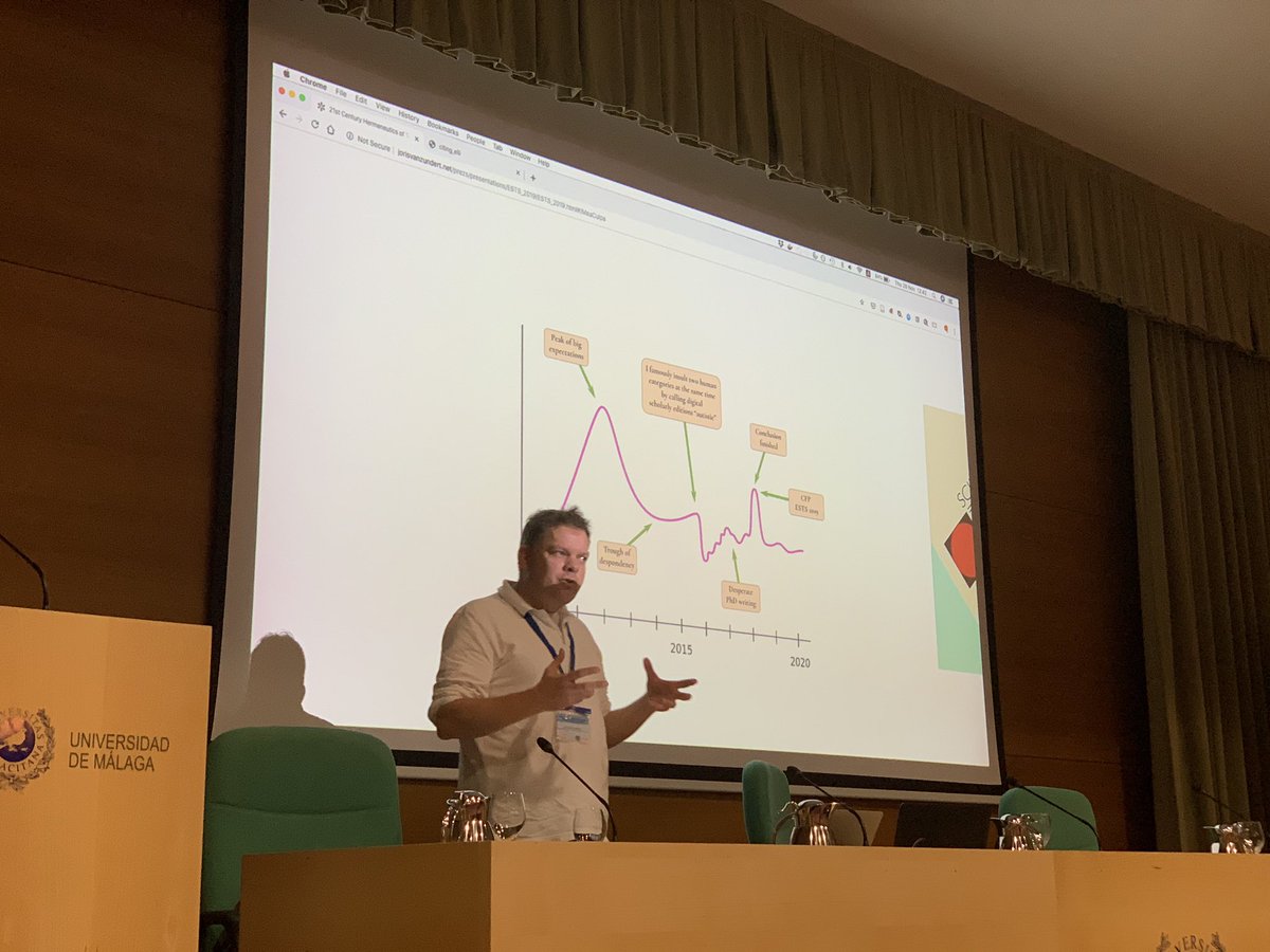 WoutDLN's tweet photo. And now moving on to @jorisvanzundert on a 21C Hermeneutics of Textual Scholarship. He starts w/explaining how the correlation of his conclusion of the PhD with the CFP for #ESTS2019 may have had a hand in producing an overly confident paper title. https://t.co/EcD2qdL7bb