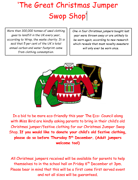 MfsaOfficial's tweet photo. Calling all Christmas Jumpers for our Christmas Jumper Swop Shop here at Matchborough First School Academy @Redd_Advertiser @RedStand @CllrJuliet #Ecoschool #ecofriendly #reuse #Recycle https://t.co/AZjXLE6QXh